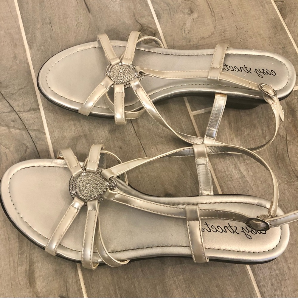 Elegant Silver Metallic Ankle Strap Wedges, WIDE